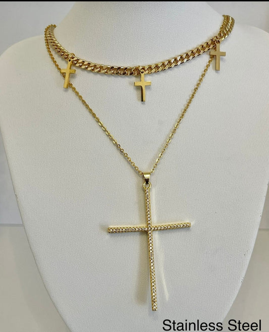 Stainless Steel Double Chain Necklace And Earring Set With Cross Pendants