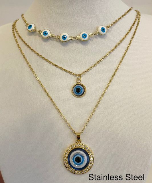 Stainless Steel Evil Eye Tripple Chain Necklace And Earring Set